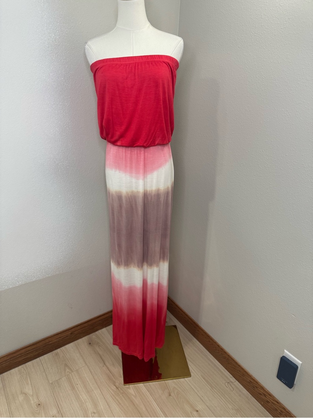 Fraiche by J Strapless Popover Maxi Dress Coral Taupe Tie Dye NWT S